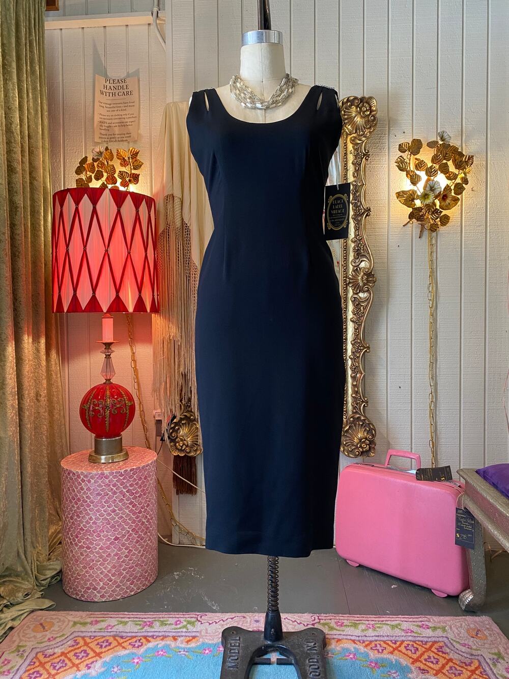 vintage 1990s black rayon wiggle dress, 90s sheath, lillie rubin, split, jeweled